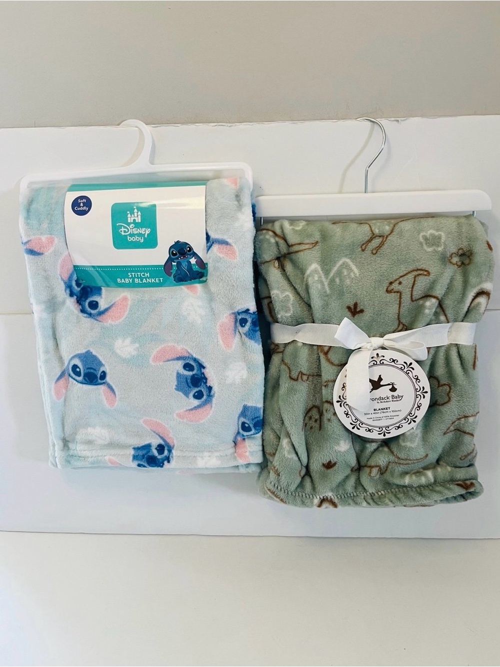 Disney Baby Stitch & Adirondack Baby Berkshire Lot of 2 Baby Blankets Dinosaurs
